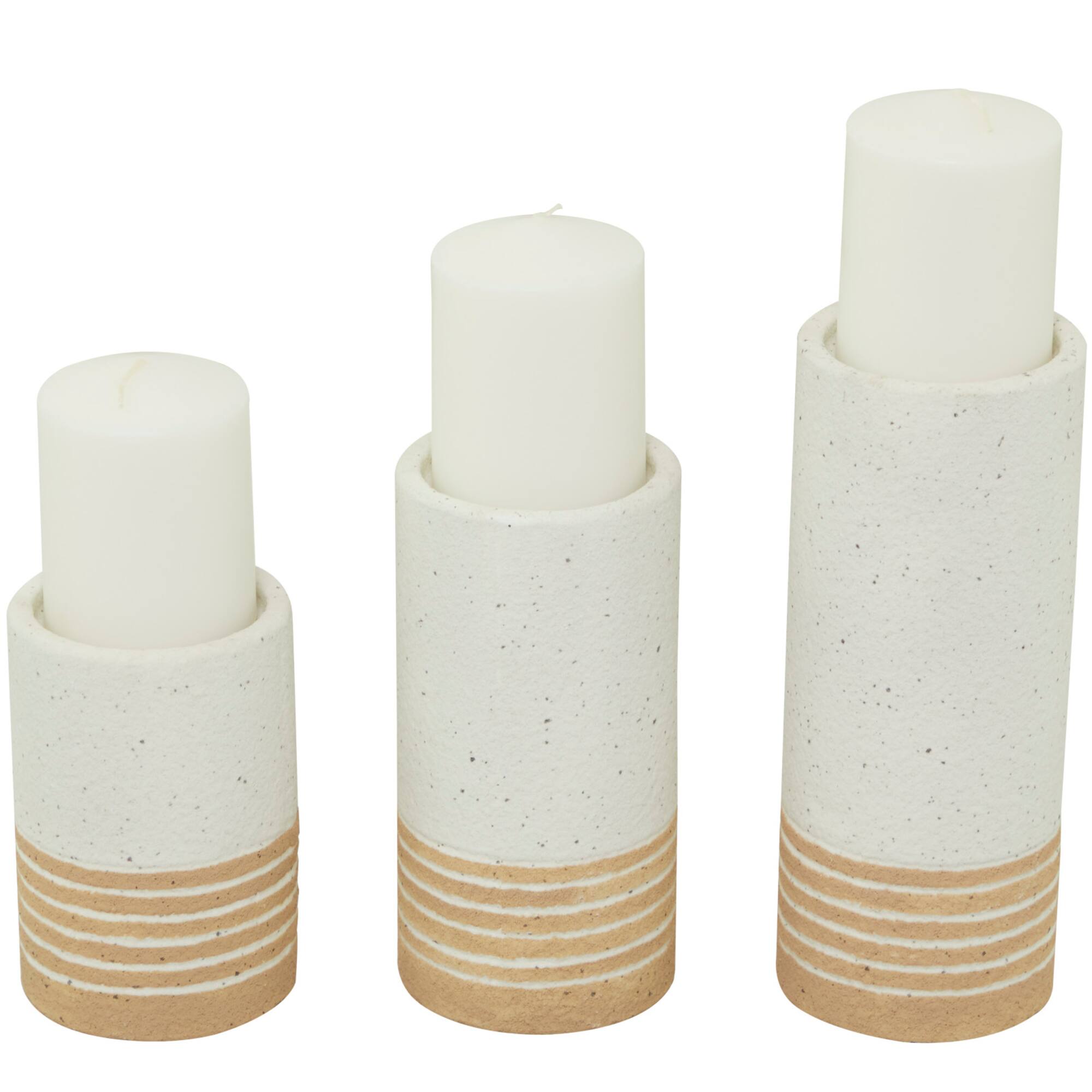 White Metal Striped Pillar Candle Holder Set